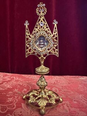 Reliquary - Relic  style Gothic - Style en Brass - Gilt / Stones / Originally Sealed, France 19 th century