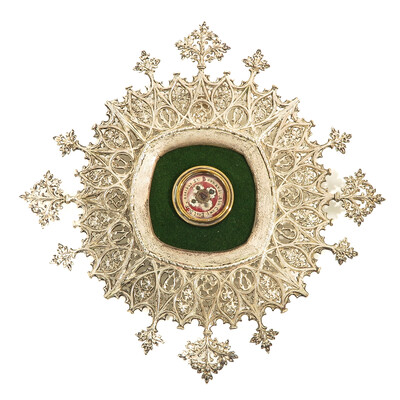 Reliquary - Relic Ex Ossibus St. Bernardi Abbatis style Gothic - Style en Brass / Glass / Wax Seal, Belgium  19 th century