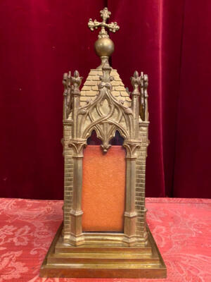 Reliquary - Relic Ex Ossibus: St. Edmundi - Bishop (Mid-Feet-Bone) With Original Document style Gothic - style en Brass / Bronze / Glass / Originally Sealed / Stones, France 19 th century ( Anno 1873 )