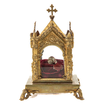 Reliquary - Relic Ex Ossibus St. Hubertus  style Gothic - Style en Brass / Glass / Wax Seal, France 19 th century