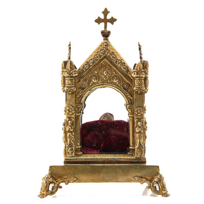 Reliquary - Relic Ex Ossibus St. Hubertus  style Gothic - Style en Brass / Glass / Wax Seal, France 19 th century