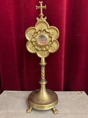 Reliquary - Relic Ex Ossibus St. Hubertus  style Gothic - Style en Brass / Bronze / Glass / Originally Sealed , Belgium  19 th century