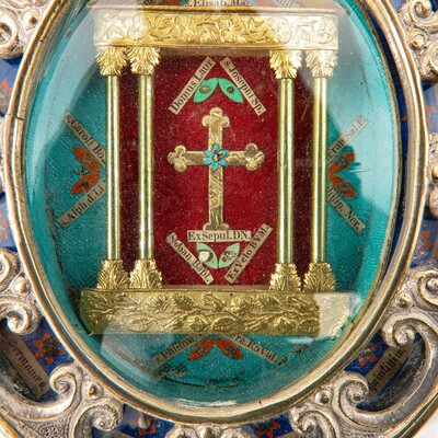 Reliquary - Relic True Cross & 12 Apostles style Gothic - Style en Bronze / Glass / Originally Sealed, Italy  19 th century