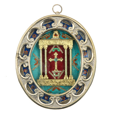 Reliquary - Relic True Cross & 12 Apostles style Gothic - Style en Bronze / Glass / Originally Sealed, Italy  19 th century