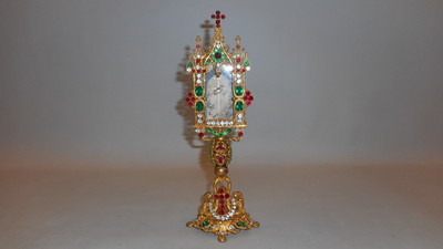 Reliquary - Relic True Cross  style Gothic - style en Brass / Gilt / Stones / Wax Seal, France 19 th century