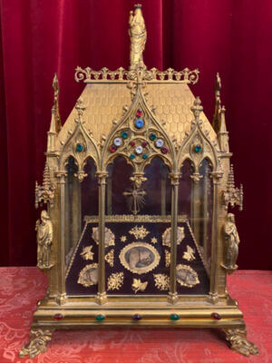 Reliquary - Relics Ex Ossibus St. Gregorius Priest. St. Citus Deacon. St. Brose Priest. With Original Documents style Gothic - style en Brass / Bronze / Gilt / Stones / Glass, France 19 th century ( Anno 1855 )