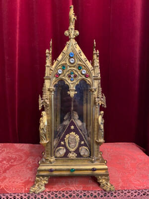 Reliquary - Relics Ex Ossibus St. Gregorius Priest. St. Citus Deacon. St. Brose Priest. With Original Documents style Gothic - style en Brass / Bronze / Gilt / Stones / Glass, France 19 th century ( Anno 1855 )