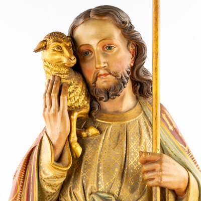 Sculpture Of Jesus 'The Good Shepherd style Gothic - Style en Hand - Carved Wood , Belgium  19 th century ( Anno 1865 )