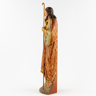 Sculpture Of Jesus 'The Good Shepherd style Gothic - Style en Hand - Carved Wood , Belgium  19 th century ( Anno 1865 )