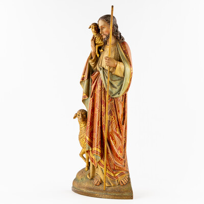 Sculpture Of Jesus 'The Good Shepherd style Gothic - Style en Hand - Carved Wood , Belgium  19 th century ( Anno 1865 )
