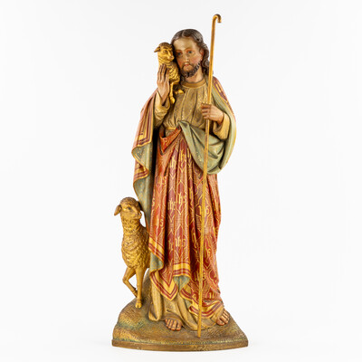 Sculpture Of Jesus 'The Good Shepherd style Gothic - Style en Hand - Carved Wood , Belgium  19 th century ( Anno 1865 )