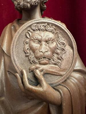 Sculpture St. Marc The Evangelist style Gothic - Style en Hand - Carved Wood Oak, Belgium  19 th century ( Anno 1865 )