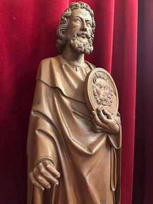 Sculpture St. Marc The Evangelist style Gothic - Style en Hand - Carved Wood Oak, Belgium  19 th century ( Anno 1865 )