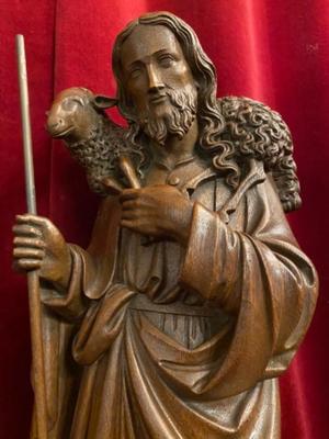 Sculpture The Good Shepherd style Gothic - Style en Oak wood, Dutch 19 th century ( Anno 1875 )