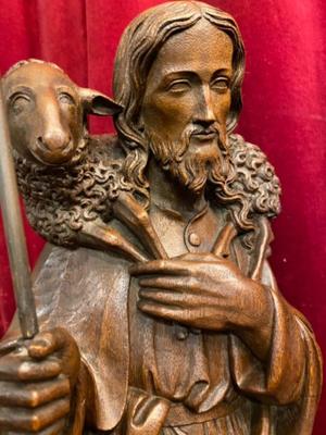 Sculpture The Good Shepherd style Gothic - Style en Oak wood, Dutch 19 th century ( Anno 1875 )