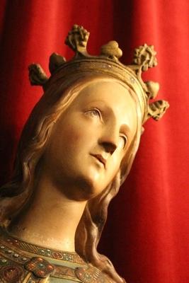 St. Appolonia Statue style Gothic - style en plaster polychrome, Belgium 19th century ( anno 1875 )