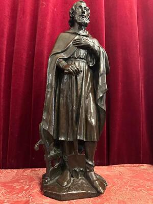 St. Isidore Statue With The Dedication: 'De B. Boerenbond Aan J. Helleputte Zijnen Hoofddeken Den 29 April 1906'.  style Gothic - Style en Bronze, Belgium  19 th century ( Anno 1885 )