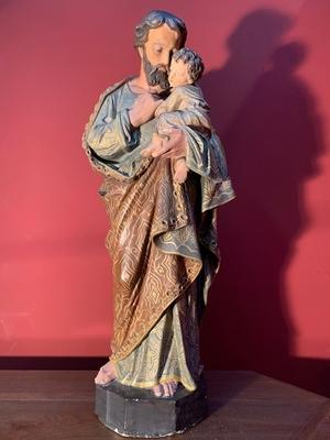 St Joseph Statue style Gothic - style en Terra-Cotta Polychrome, France 19th century ( anno 1875 )