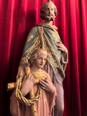 St. Joseph Statue Signed: Parentani style Gothic - Style en Plaster polychrome, bruxelles - Belgium  19 th century ( Anno 1885 )