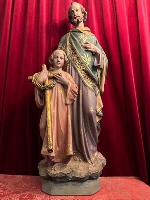 St. Joseph Statue Signed: Parentani style Gothic - Style en Plaster polychrome, bruxelles - Belgium  19 th century ( Anno 1885 )