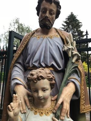 St. Joseph Statue With Child style Gothic - style en Terra-Cotta polychrome, France 19th century ( anno 1875 )