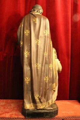 St. Joseph Statue With Child style Gothic - style en plaster polychrome, Belgium 19th century ( anno 1870 )