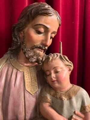 St. Joseph With Child Statue style Gothic - Style en Wood Polychrome, France 19 th century ( Anno 1865 )