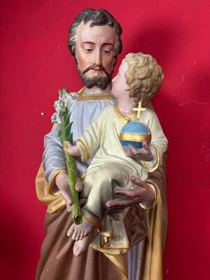St. Joseph With Child Statue style Gothic - Style en Plaster polychrome, France 19 th century ( Anno 1885 )