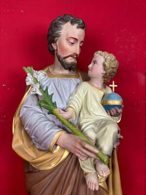 St. Joseph With Child Statue style Gothic - Style en Plaster polychrome, France 19 th century ( Anno 1885 )