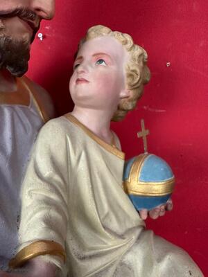 St. Joseph With Child Statue style Gothic - Style en Plaster polychrome, France 19 th century ( Anno 1885 )