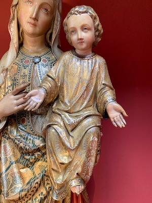 St. Mary & Child Wall - Sculpture style Gothic - style en hand-carved wood polychrome, Belgium 19th century ( anno 1865 )