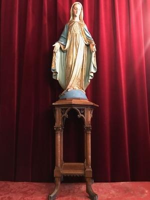 St. Mary Statue With Original Stand. Measures Statue H 90 Cm. style Gothic - style en plaster polychrome / Wood Oak, France 19th century ( anno 1890 )