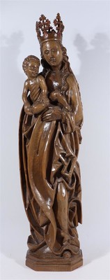 St. Mary With Child  style Gothic - style en Fully Hand - Carved Wood Walnut, France 19 th century