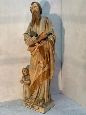 St. Mattheus Sculpted By The Famous Friedrich Wilhelm Mengelberg style Gothic - style en hand-carved wood polychrome, Dutch 19th century ( anno 1895 )