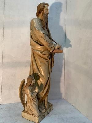 St. Mattheus Sculpted By The Famous Friedrich Wilhelm Mengelberg style Gothic - style en hand-carved wood polychrome, Dutch 19th century ( anno 1895 )