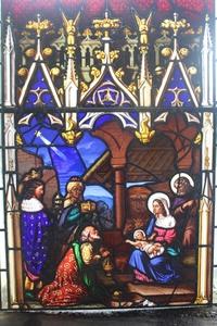 Stained Glass Window. Nativity Scene. style Gothic - style en glass, Belgium 19th century