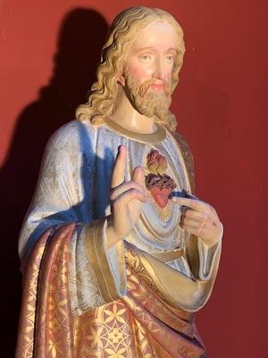 Statue Sacred Heart style Gothic - style en Terra - Cotta Polychrome, France 19th century