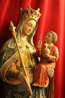 Statue St. Mary With Child style Gothic - style en plaster polychrome, Belgium 19th century ( anno 1875 )