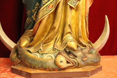 Statue St. Mary With Child style Gothic - style en plaster polychrome, Belgium 19th century ( anno 1875 )