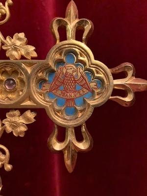 Stunning Reliquary And Relic Of The True Cross, Originally Sealed Relic 18 Th Century. Base - Relic St. Bartholomeus style Gothic - style en Bronze / Gilt / Gemstones / Enamelled Evangelists, Belgium 19 th century ( Anno 1870 )