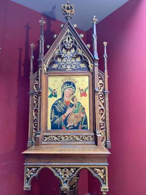 Unique Combination: Home-Altar And Offertory-Box Devoted To Our Lady Of Perpetual Help style Gothic - Style en HAND-PAINTED IMAGINATION -- FULL OAK -- HAND-CARVING , Netherlands ANNO ABOUT 1875