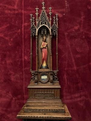 Unique Home-Altar With Ex Ossibus Relic Of Duke Henri Ii The Pious Of Silesia – Poland St. Mary Added Later / With Hand-Written Document Inside  style Gothic - style en hand-carved wood , Germany - Poland RELIC 18TH CENTURY / HOMEALTAR GIFT IN 1860