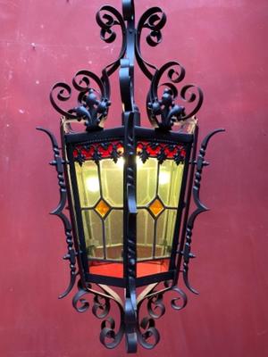 Hall Lamp en Iron / Stained Glass , Belgium 20th Century