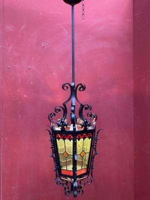 Hall Lamp en Iron / Stained Glass , Belgium 20th Century