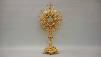 High Quality Very Large Brass / Gilt Radiate Monstrance / Hand-Painted Enamel Medallions 4 Evangelists + 2 Apostles / Semi-Precious Stones en brass / gilt / emaille, Belgium 19th century