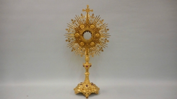 High Quality Very Large Brass / Gilt Radiate Monstrance / Hand-Painted Enamel Medallions 4 Evangelists + 2 Apostles / Semi-Precious Stones en brass / gilt / emaille, Belgium 19th century