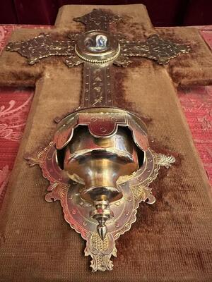 Holy Water Font en Brass / Fabrics / Porcelain Plaque, France 19 th century