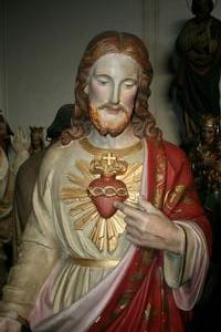 Life-Size Statue Sacred Heart  en Terra-Cotta polychrome, France 19th century