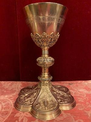 Chalice With Original Paten & Spoon And Documentation. At The Bottem Engraved style Neo Classicistic en Full - Silver, Belgium 19th century