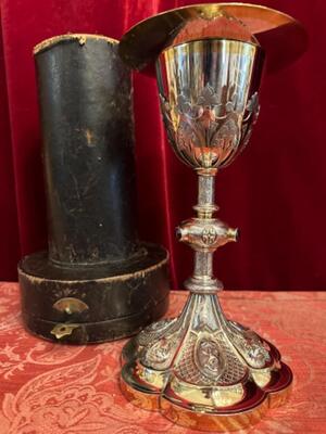 Full Silver Chalice With Original Case & Full Silver Paten style Neo Classicistic en Full - Silver / Polished and Varnished / Silver Marks Present / Stones, France 19 th century ( Anno 1865 )